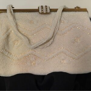 Vintage White Beaded Bridal Evening Purse with Gold Frame & Strap